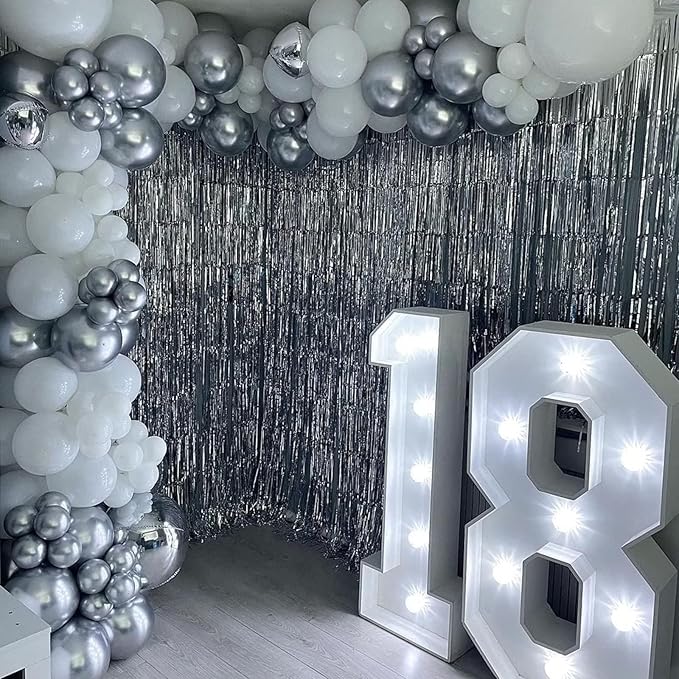 Silver and White Balloon Garland Kit, Metallic Silver White Balloon Arch Kit, Helium Latex Balloons Different Sizes 18/12/10/5 Inch for Wedding Birthday Baby Shower Anniversary Party Decorations