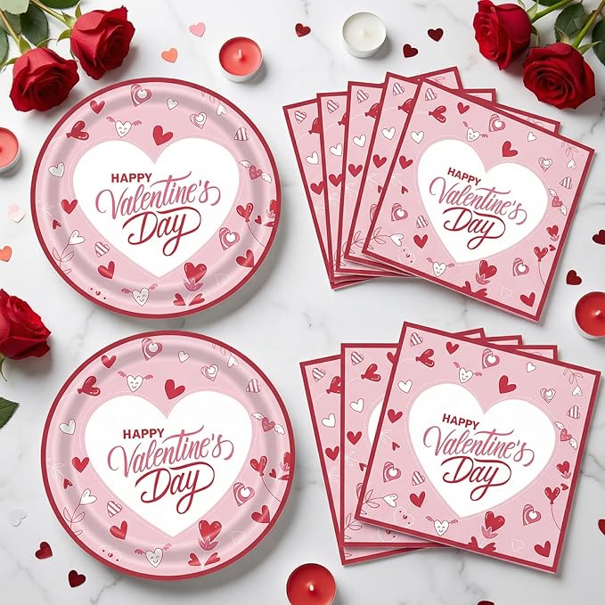 Pink Valentines Day Plates and Napkins Set for 20 Guests - Disposable Heart Paper Plates 9 inch 20 pcs & Floral Napkins 20 pcs, Perfect for Galentines Party Decorations, Romantic Dinner Party Supplies