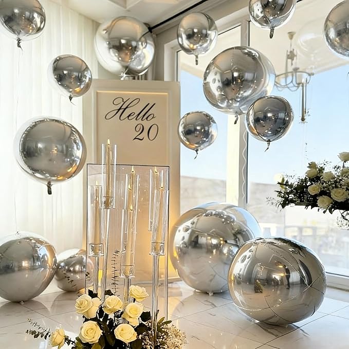 12PCS Silver Foil Balloons, 22in 15in 10in Different Sizes 4D Round Foil Balloon Large Silver Metallic Sphere Balloons for Graduation New Year Birthday Party Ceiling Decorations