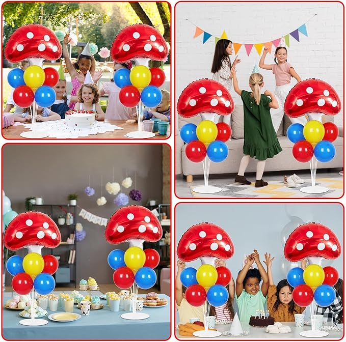 Mushroom Party Balloons Stand Kit 2 Sets with 2 Mushroom Foil Balloons Super Themed Brothers Balloon Centerpiece for Tables Spring Forest Plant Birthday Video Game Party Decorations