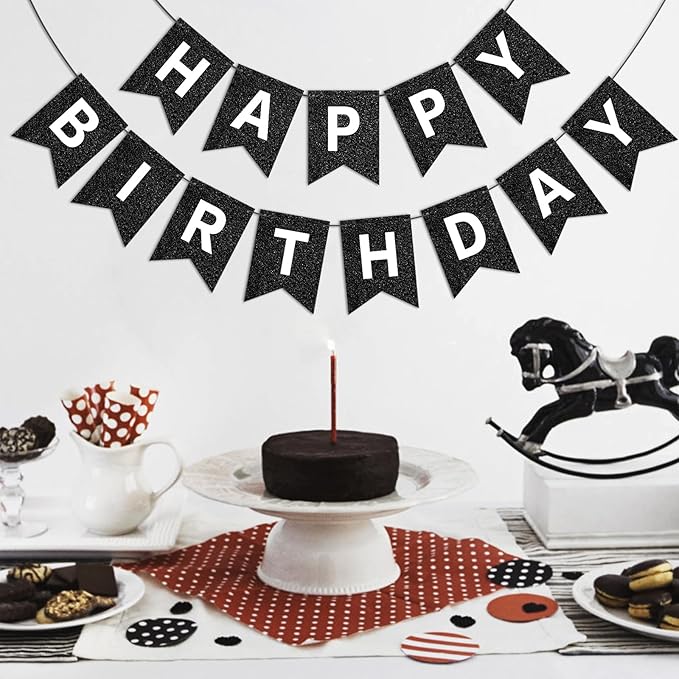 Hooqict Black Happy Birthday Banner Sign for Backdrop Black Birthday Decorations for Men Women Party Supplies Wall Door Banner Garland Bunting Flag