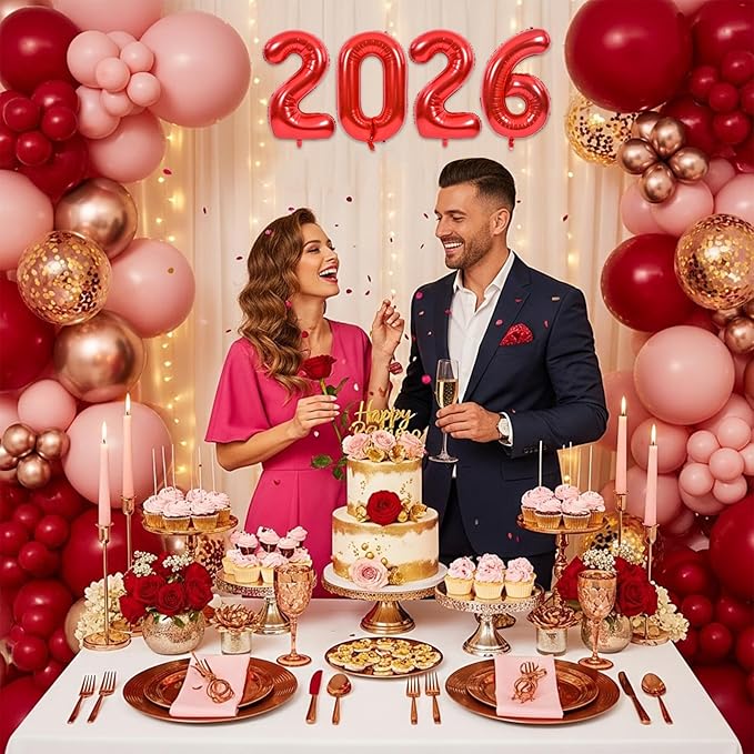 TONIFUL 2026 Red Foil Number Balloons 16 Inch Red Number Banner 2026 Graduation Aluminum Foil Mylar Balloons for New Year Eve Christmas Anniversary Party Supplies