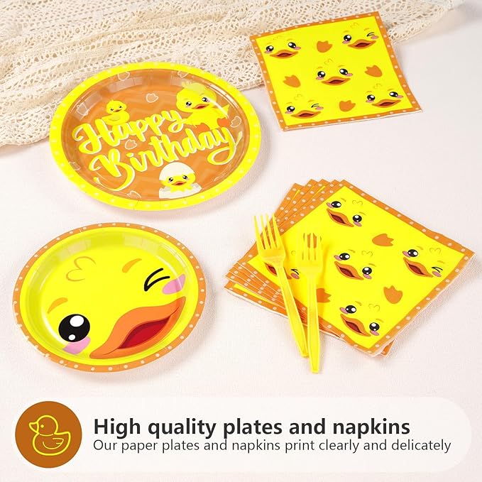 96Pcs Duck Birthday Party Decorations Cartoon Yellow Duck Themed Plates and Napkins Tableware Set Duckie Baby Shower Party Decorations for Gender Reveal One Lucky Ducks Birthday Supplies Serve 24