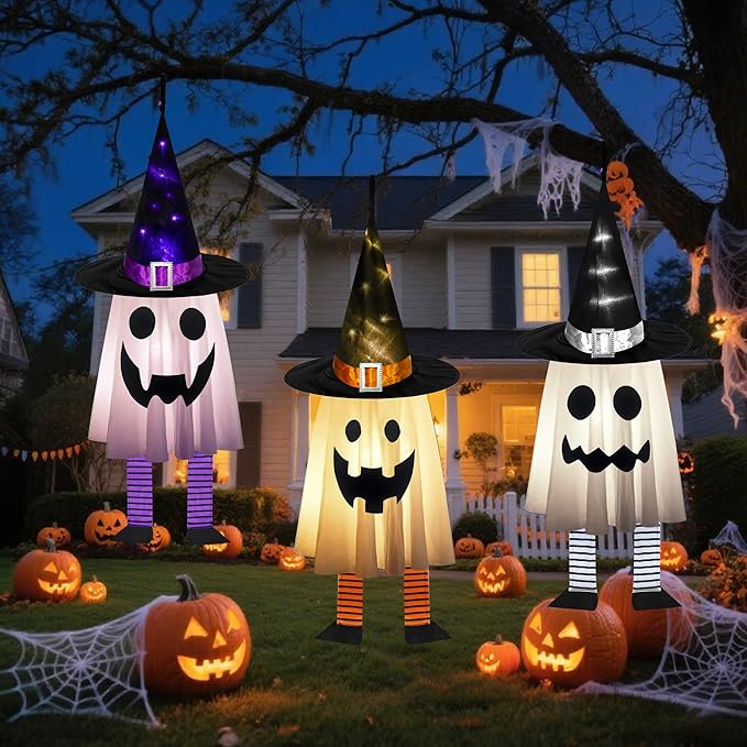 Halloween Decorations Outdoor - 3PCS Halloween Hanging Light up Ghosts, Orange & Purple & White Spooky Glowing Ghost Witch Hat for Garden Yard Tree Haunted Houses Indoor Outside