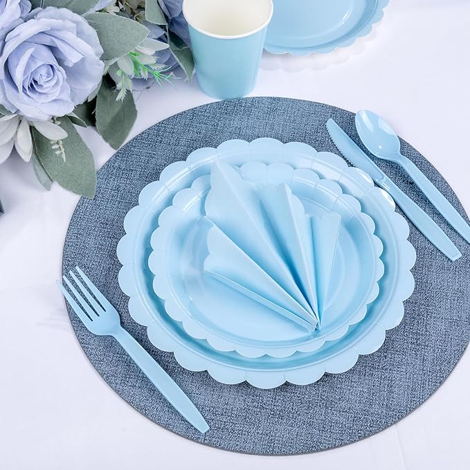 LIYH 350 Pcs Light Blue Paper Plates and Napkins 50 Guest Blue Party Supplies Include Scalloped Easter Paper Plates Cocktail Napkins Cups Spoons Forks Knives for Baby Shower,Birthday