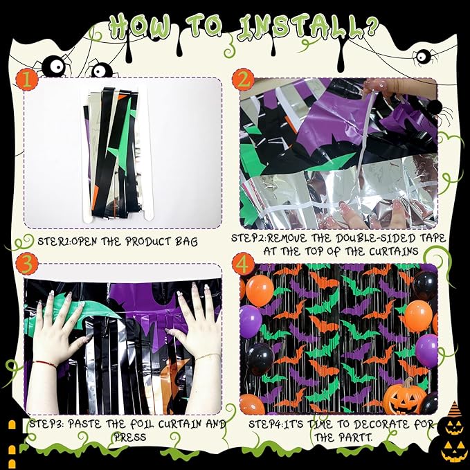 2 Packs Bat Foil Fringe Curtains - Purple Orange Green Halloween Door Streamers for Photo Backdrop, 3.3 x 6.6 ft Tinsel Curtains for Beetlejuice, Monster or Neon Glow Party Decorations