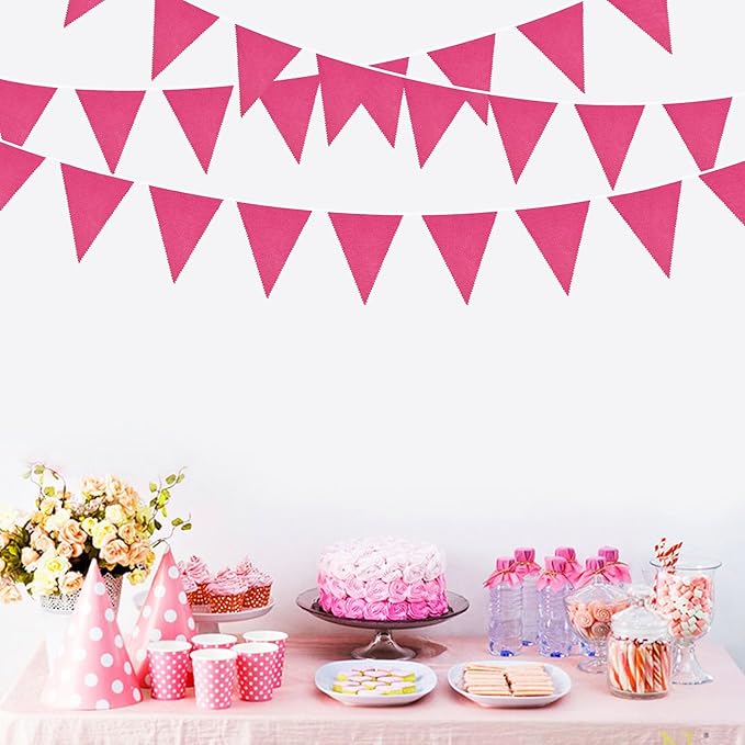 46Ft Hot Pink Party Decorations Hot Pink Burlap Banner Triangle Pennant Flag Linen Garland Streamers for Women Girls Vintage Birthday Wedding Rustic Baby Shower Anniversary Party Decorations