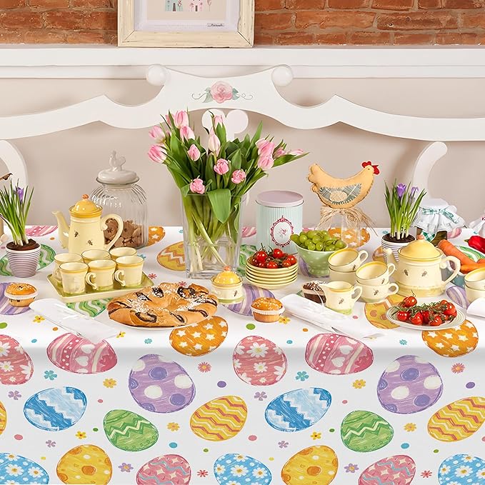 4 Pack Easter Plastic Tablecloth 54 x 108 Inch Oil Painting Easter Eggs Disposable Table Cloth Colorful Eggs Flowers Rectangle Table Covers for Spring Party Tables Decoration Home Kitchen Supplies