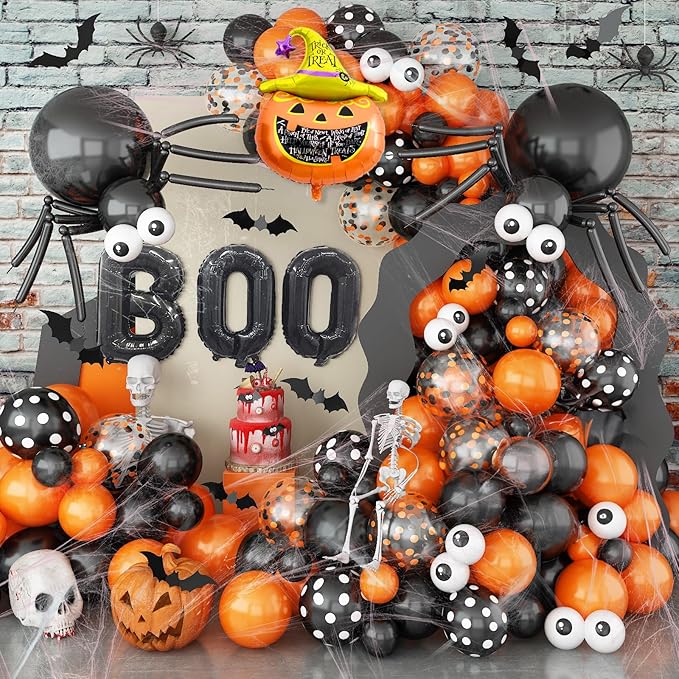 Halloween Balloon Arch Garland Kit, 126Pcs Black and Orange Balloons with BOO Pumpkin Bat Foil Balloons Eyeball Balloon Spider Web for Kid Halloween Birthday Party Decorations Indoor Outdoor