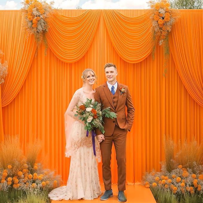 16x10FT Orange Backdrop Curtains for Wedding Parties, Wrinkle Free Polyester Photography Backdrop Drapes for Wedding Baby Shower Birthday Parties Stage Background Stand Decorations 4x10ft,4 Panels