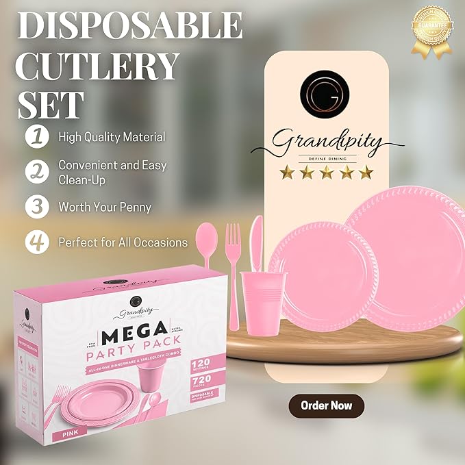 Grandipity 720 Piece Disposable Dinnerware Set, Plastic Dinnerware Set Includes 120 Count 9' Dinner Plates, 7' Dessert Plates, 12oz Cups, Forks, Knives & Spoons - Pink