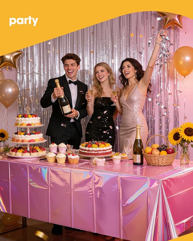 Iridescent Pink Plastic Table Cloth - 4 Pack 54" × 108" Rectangle Disposable Tablecloths for 6FT Tables, Table Cover for Party, Holiday & Gathering Use