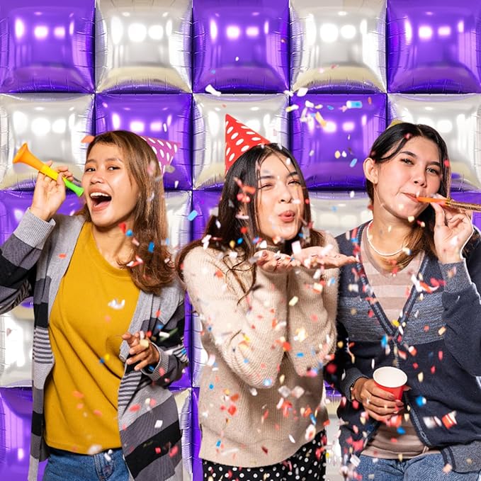 Metallic Purple Gold and Silver Double Sided Square Foil Balloons Wall,19 Inches Chrome Foil Balloons Tunnel Arch Kit for Bachelorette,Anniversary,Graduation,Birthday Party Background Decoration