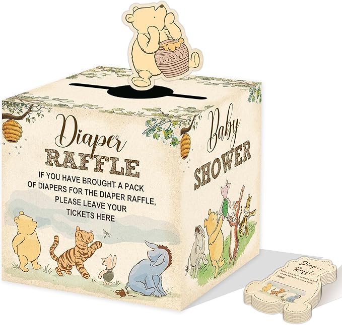 Winnie Baby Shower Decorations, Pooh Party Decorations, The Pooh Baby Shower Games, Winnie Diaper Raffle Box with 50Pcs Cards，Newborn Party Favors Boys and Girls First Birthday Supplies