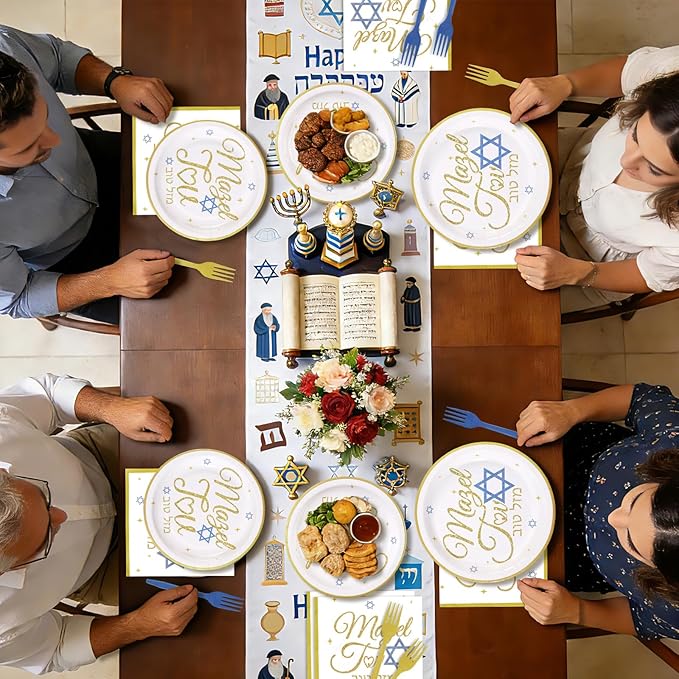 96Pcs Mazel Tov Party Decorations Congratulations Plates and Napkins Gold Blue Disposable Paper Tableware Set for Bar Mitzvah Bat Mitzvah Jewish Birthday Wedding Engagement Party Supplies Serves 24