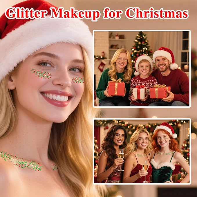 Christmas Hair Glitter Stick,Red and Green Silver Face Body Glitter Makeup,Waterproof Christmas Outfits for Women, Stocking Stuffers Sparkling Party Gift for Girls,Chunky Glitter Makeup