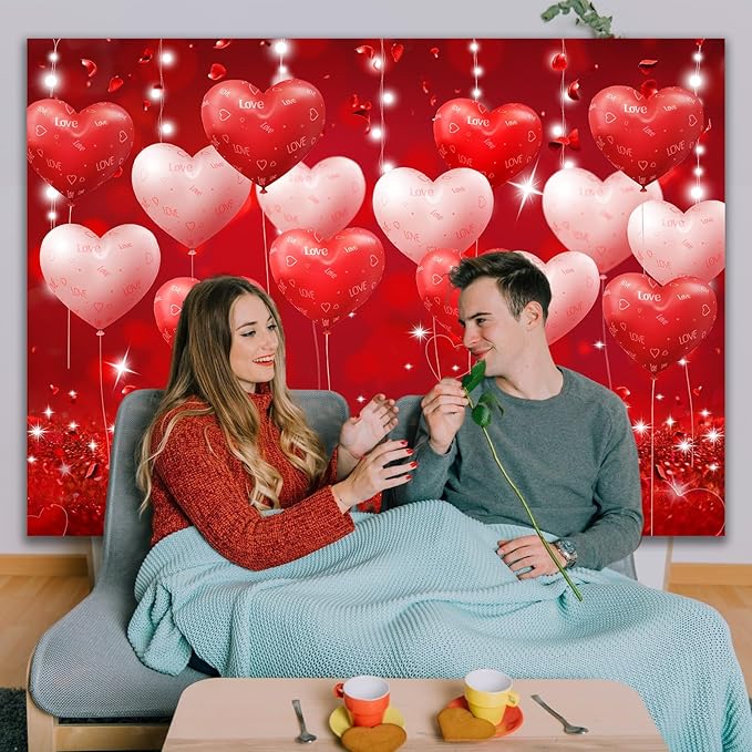 Red Hearts Balloons Anniversary Backdrop Banner Romantic Love Theme Photography Background for Anniversary Engagement Wedding Bridal Shower Couples Date Night Party Decorations 8x6ft（96x72 Inch）