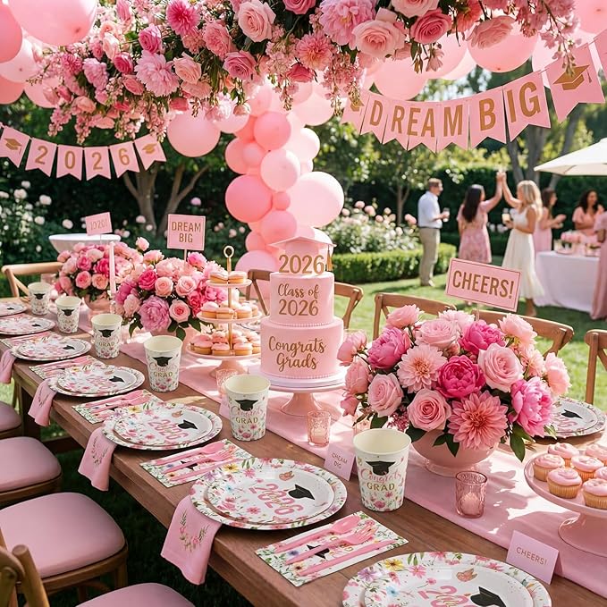 400 Pcs Class of 2026 Pink Floral Graduation Decorations for 50 Guests, Pink Gold Flower Graduation Paper Plates Napkins and Cups Cutlery Grad Tableware for 2026 Congrats Grad Party Supply