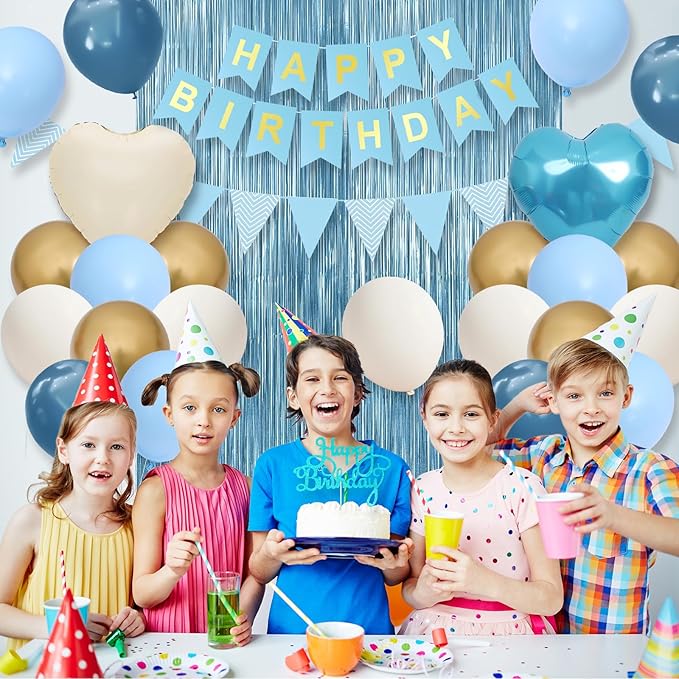 Blue Birthday Decorations,Blue Party Decorations with Dusty Blue White Sand Gold Balloons Happy Birthday Banner Fringe Curtain Light Blue Birthday Party Decor for Boy Kids Baby Men