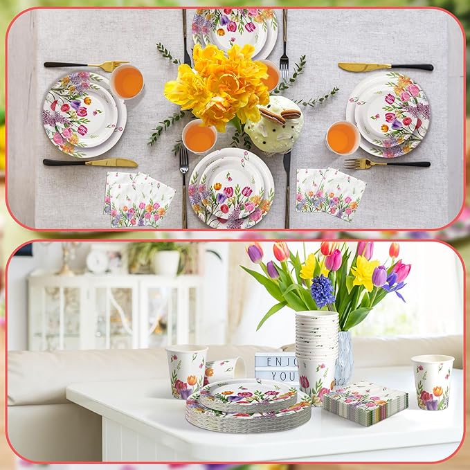 Hsei 250 Pcs Tulip Floral Plates and Napkins Party decorations Disposable Tableware Sets Baby Shower Birthday Party Supplies Serves 50 Guests Dinnerware Baby Bridal Shower Party Favors