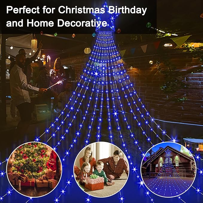 Onory Christmas Outdoor Star String Lights 23FT 860 LED Waterproof Waterfall Tree Lights with Star Topper, 8 Modes Christmas Decorations Outdoor Tree Lights for Patio, Yard, Party Holiday Dec