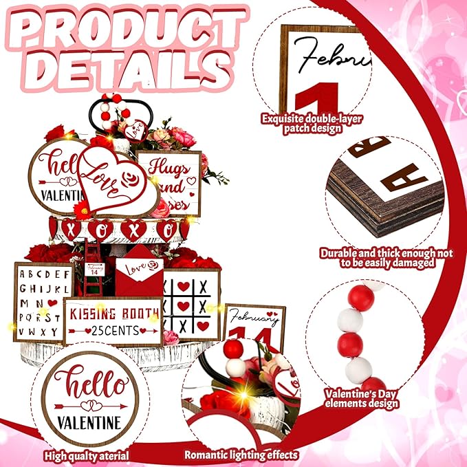 16 Pcs Valentine's Day Tiered Tray Decorations Set Valentine Heart Wood Sign Farmhouse Romantic Sweet Table Decor Love Theme Centerpieces for Kitchen Home Decor Wedding Party Gift
