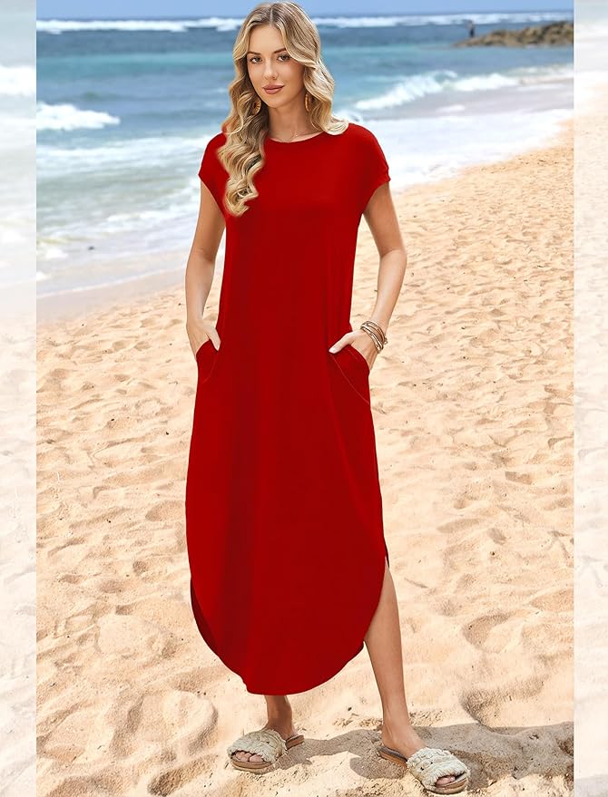 WIHOLL Summer Dresses Cap Sleeve Crewneck Maxi Long Casual Dress with Pockets Beach Vacation Sundresses 2026 Trendy
