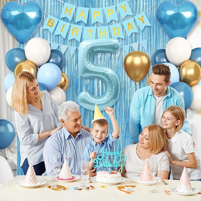 5th Birthday Decorations Blue White Gold,5th Birthday Balloons with Happy Birthday Banner Fringe Curtain Heart Foil Balloons for Boys Girls 5 Year Old Birthday Decor