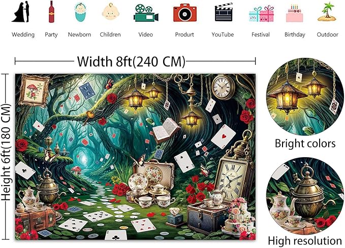 Wonderland Tea Party Backdrop Green Leaves Checkerboard Photography Background Wonderland Girls Kids Birthday Party Party Decoration Banner Supplies (94x70inch(8x6FT))