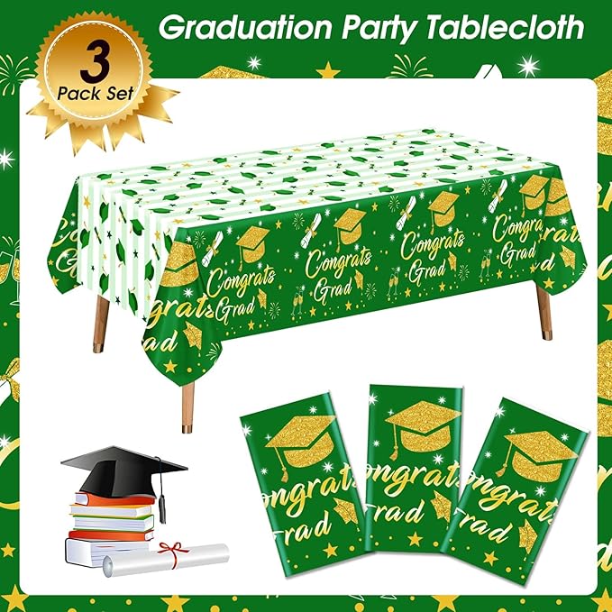 Graduation Tablecloth Party Decorations 2026, 3 Pack Green Large Size 54"x108" Congrats Grad Disposable Rectangle Table Covers Plastic Table Cloth for College High School Class of 2026 Party Supplies