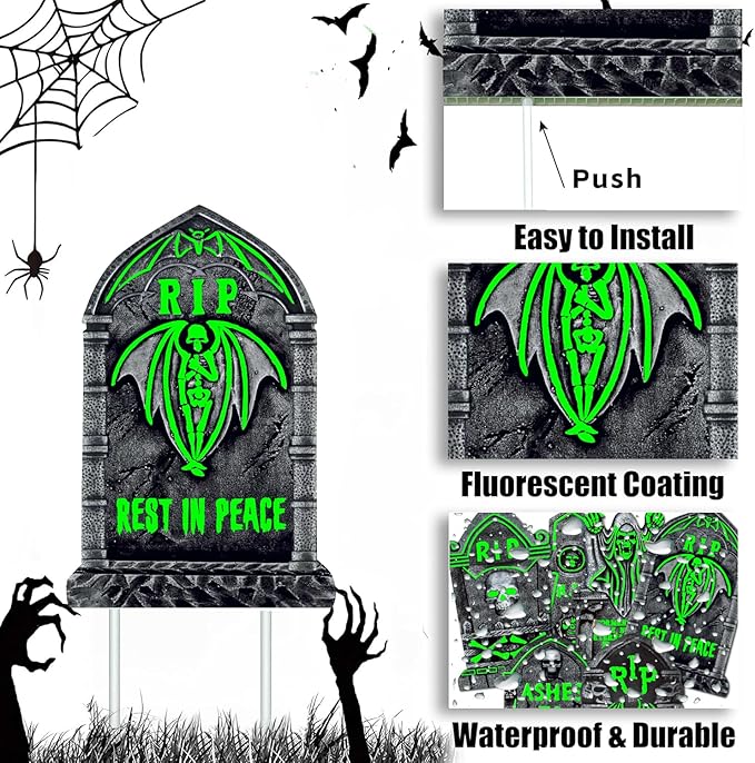 6 Pack Glowing in The Dark Halloween Tombstones Decoration for Graves, 16.5"x10" Large Outdoor Graveyard Decor Waterproof Plastic Grave Markers with 12 Stakes for Yard, Lawn Cemetery Displays