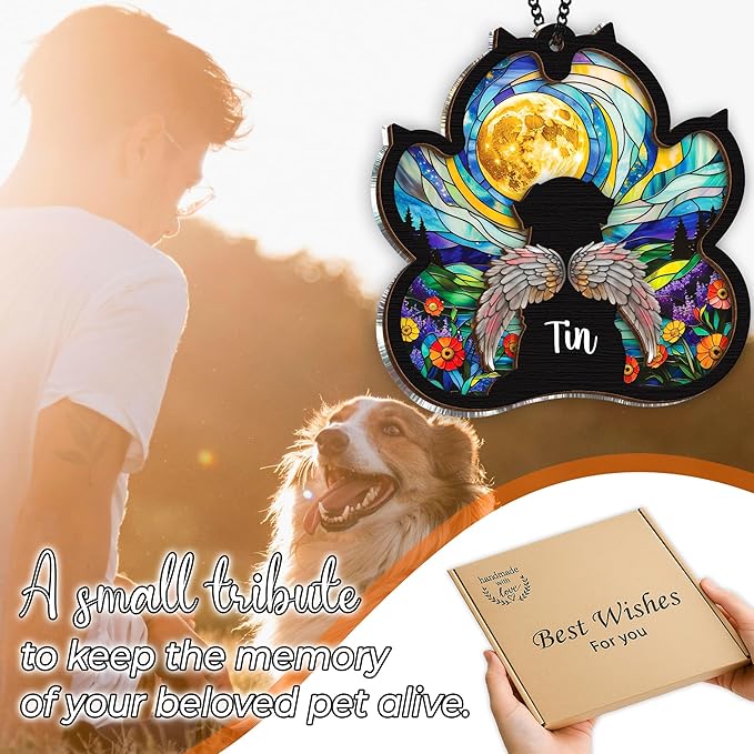 Personalized Angel Dog Memorial Suncatcher, Paw Suncatcher Remembrance Gift, Engraved Pet Memorial Ornament, Pet Sympathy Keychain, Loss of Animal Sympathy Card, Rainbow Bridge Dog Loss Gift