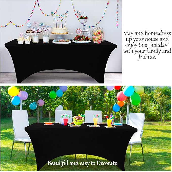 Table Covers for 6 Foot Tables, 6 Pack Black Washable and Wrinkle Resistant Stretch Tablecloths Rectangle 6ft for Events, Wedding, Banquets, Parties