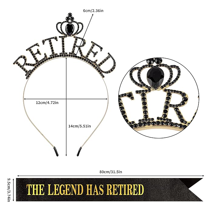 Retirement Crown Headband & Sash Set - The Legend Has Retired Retirement Party Decorations for Women Men Retirement Gifts for Women Men Retirement Party Supplies Black Glitter