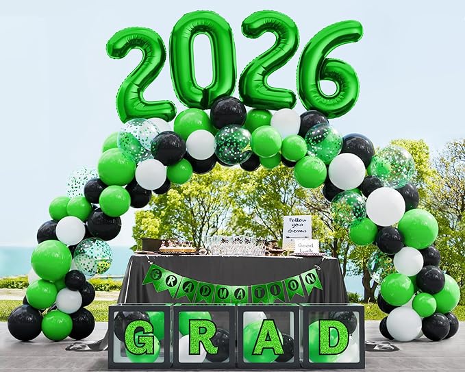 Graduation Party Decoration Class of 2026, 86PCS Green & Black Graduation Party Supplies High School College Grad Balloon Boxes with Letter, Foil Curtain, LED String Light, Balloon Garland Kit