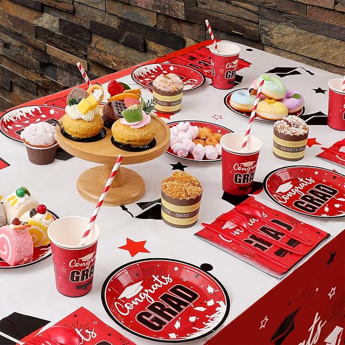 Graduation Party Supplies Congrats Grad Decorations Class of 2025, Disposable Plates and Napkins with Banner Tablecloth Cups Dinnerware Sets for Graduation Decor, Serves 24 (Red and White)