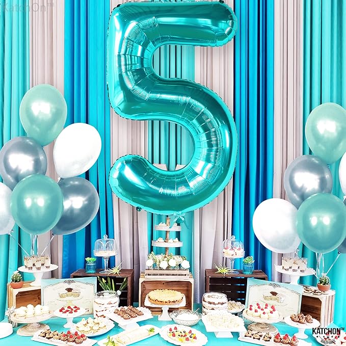 KatchOn Giant Aqua Blue Number 5 Balloon - 40 Inch | Teal 5 Balloon for Birthdays | 5th Birthday Decorations