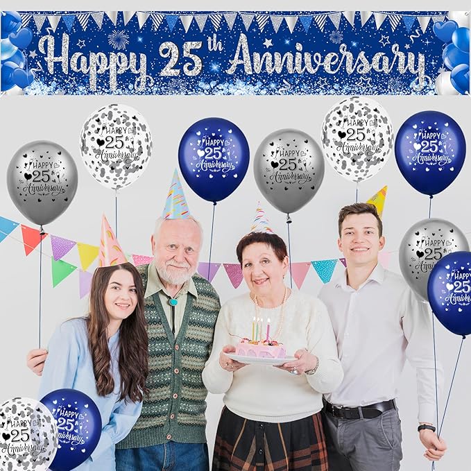 Blue Silver 25th Anniversary Decorations for Men Women, Blue Happy 25th Anniversary Banner and 18Pcs Balloons for 25 Years Silver Wedding Party Decoration Supplies