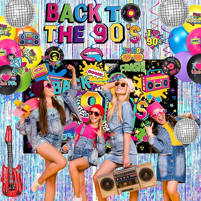 90s Party Decorations Includes 90's Backdrop, Foil & Latex Balloons, Cake & Cupcake Toppers, Honeycomb Centerpieces Banner, Hanging Swirls for 80s 90s Party Decorations