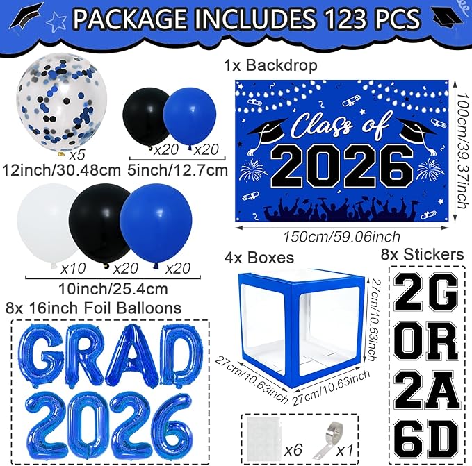Graduation Decorations Class of 2026-123pcs Blue Black Graduation Party Decorations include Balloon Boxes with Letters, Balloon Arch Kit and Backdrop for 2026 Grad Party Supplies