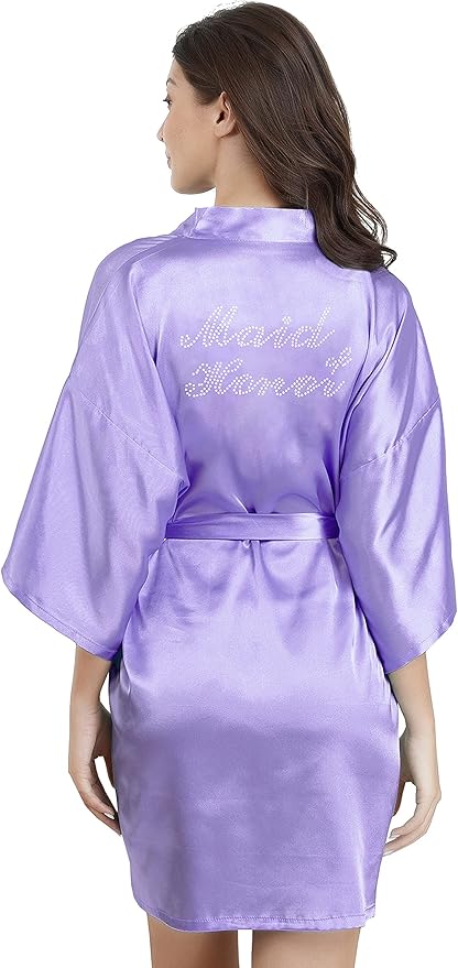 EPLAZA Women's One Size Silver Rhinestones Bride Bridesmaid Short Satin Robes for Wedding Party Getting Ready