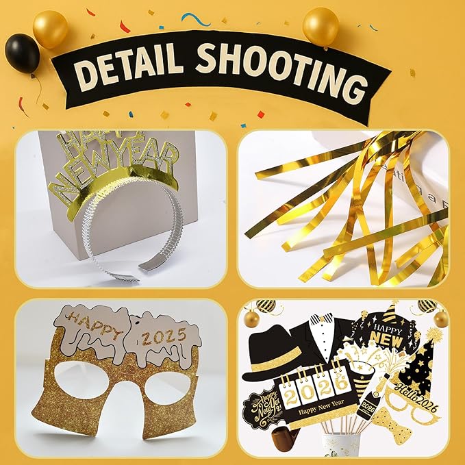 New Years Eve Party Supplies 2026 – 63 PCS Celebration Kit with Headbands, Crown Hats, Glasses, Noise Makers, Photo Booth Props & Wristbands – Gold Silver Happy New Year Decorations