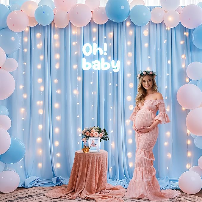 Blue Backdrop Curtains with Lights for Parties,10x10FT Wrinkle Free Polyester Wedding Photo Backdrop Curtains for Baby Shower Birthday Ceremony Reception Home Party Decorations-5ft x 10ft,2 Panels