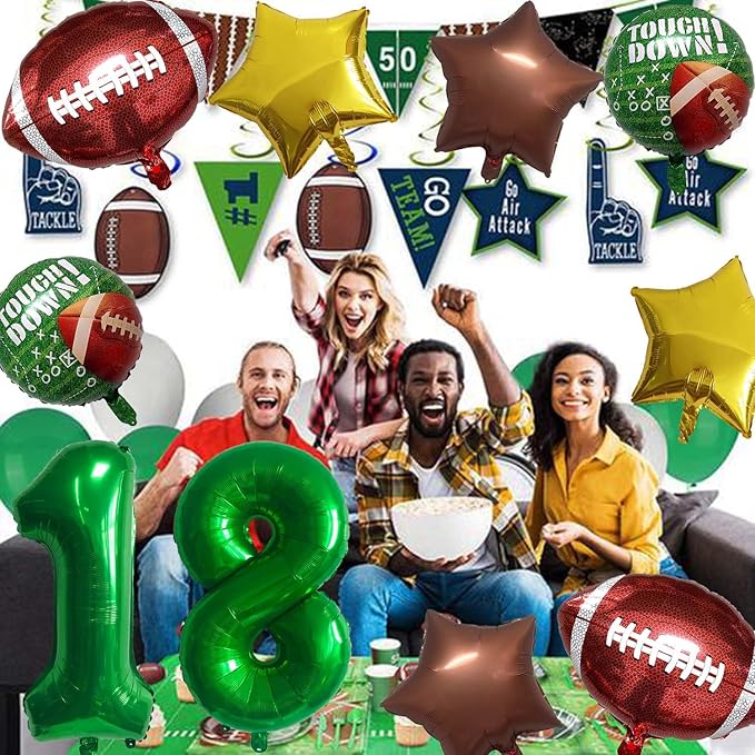 Football Balloons Foil Football Birthday Decorations Balloons Green Number 18 Balloon Gold Brown Star Touchdown Ballons for Rugby Birthday Decorations Sports Ballons Arch Kits Party Balloon Sets 10pcs