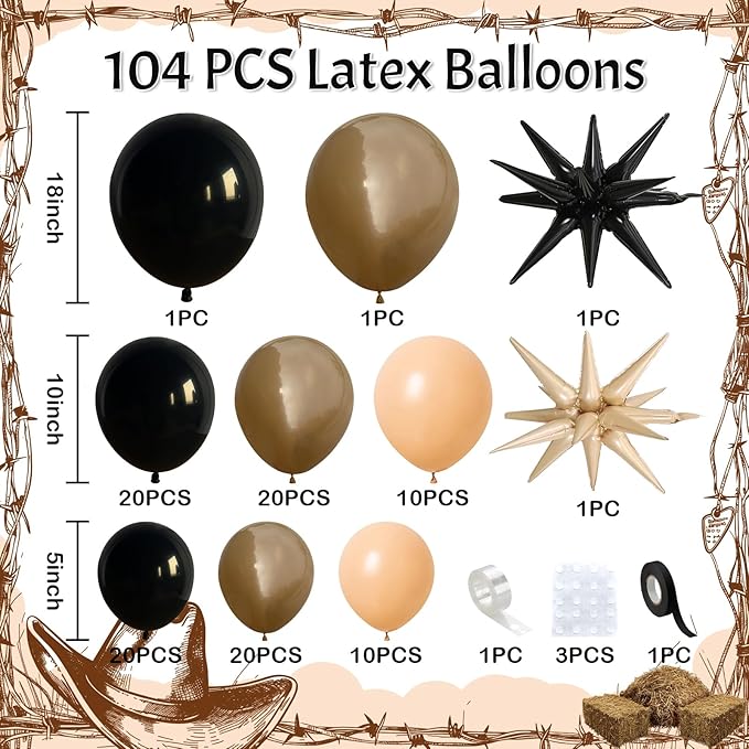 Black Brown Nude Balloon Garland Arch Kit, 104 PCS Black Beige Star Foil Balloons, Dark Brown Tan White Sand Balloons for Cowboy Western Wild First Rodeo Country Farm Baby Shower Birthday Party Decor