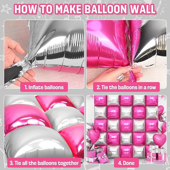 Hot Pink Silver Square Foil Balloons Wall, 25PCS Double Sided Chrome Silver and Pink Balloons Tunnel Arch Kit Backdrop for Girls Birthday Party Princess Graduation Galentines Valentines Decorations