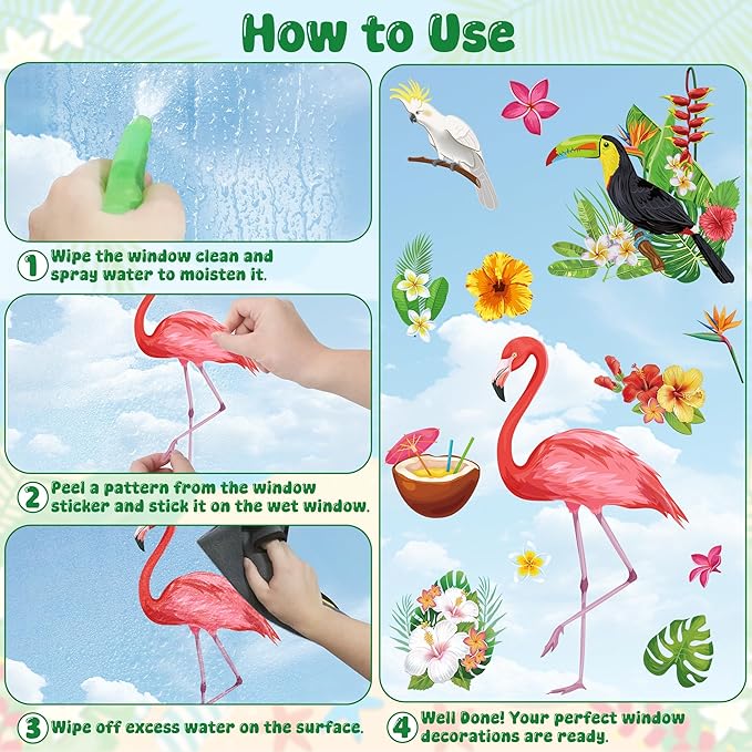 103 PCS Hawaiian Window Clings, 9 Sheets Tropical Hawaiian Party Decorations, Double-Sided Summer Window Clings with Tiki Masks Hibiscus Lei Patterns, Aloha Party Decorations for Home Office