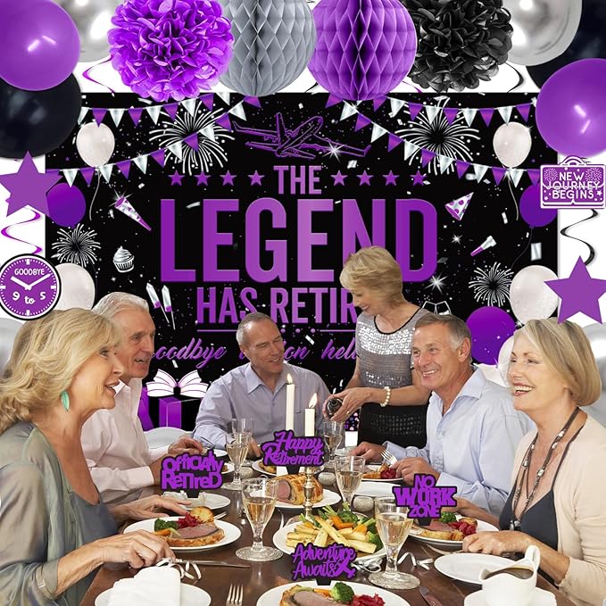 Retirement Party Decorations Women, Purple Black Happy Retirement Decorations Female, Happy RetIrement Banner, Retired Backdrop, Balloons, Pompoms, Hanging Swirls, Retired Cake Topper, 54pcs