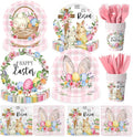 He Is Risen Easter Decoration He is Risen Bunny Eggs Cross Tableware Pink Cute Rabbit Floral Farmhouse Disposable Paper Plates Napkins Cups Forks and Knives for Spring Home Party Decor,Serve 24