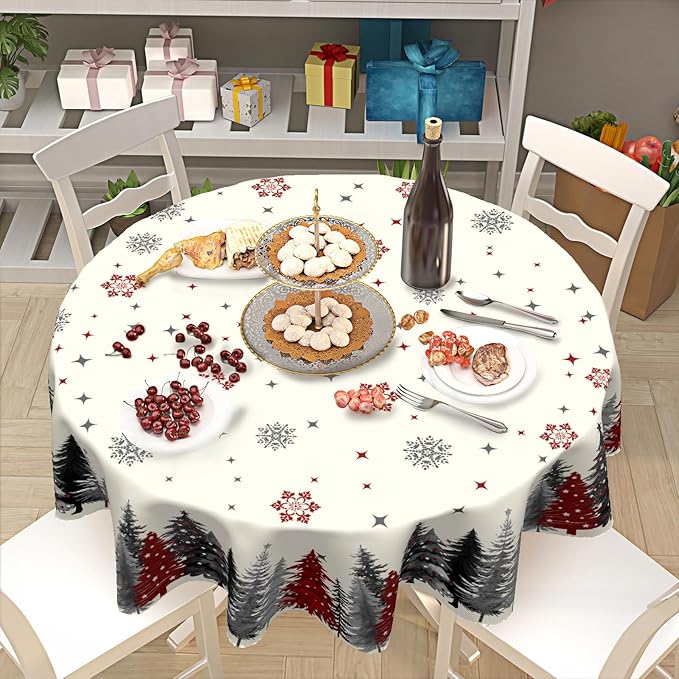 Christmas Snowflake Round Tablecloth 60 Inch Gary and Red Xmas Tree Pattern Circle Table Cloth Winter Holiday Table Cover for Home Kitchen Dinning Party Decor